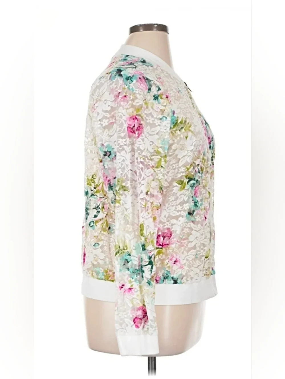 TORRID White Lace ZIP UP Floral Bomber Jacket with Pink & Teal Accents NICE 👀 - Picture 2 of 3